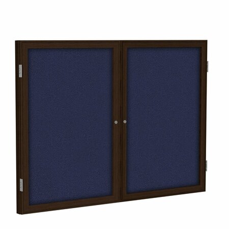 Enclosed Bulletin Board, 2 Door, Fabric, Walnut Frame, 3 Ft H X 5 Ft W, Blue